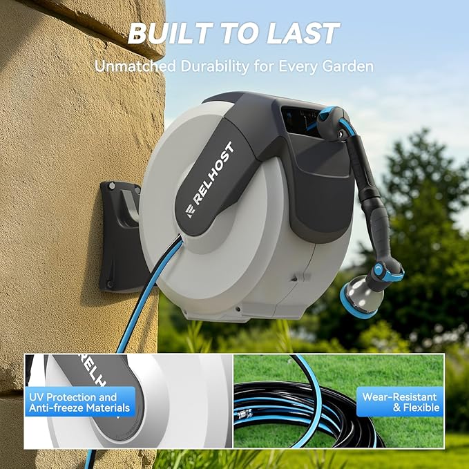 Retractable Garden Hose Reel 65 ft x 5/8 in, Heavy Duty Hose Reel Wall Mount with Any Length Lock, Auto Rewind System, 180° Swivel Bracket, 10-Pattern Garden Hose Nozzle, White & Grey