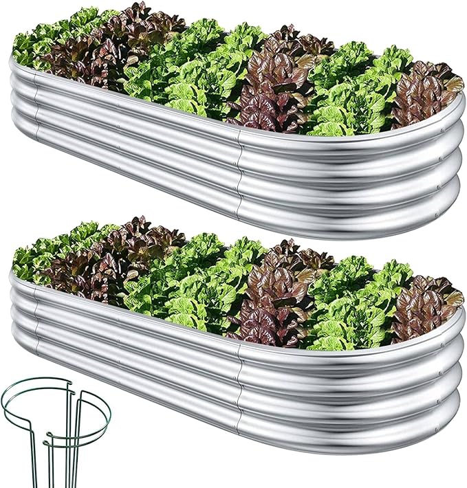 Raised Garden Bed, 2 Pcs 7×3×1ft Outdoor Galvanized Planter Boxes, Galvanized Garden Beds Outdoor with Metal Plant Stakes, Large Raised Garden Stock Tank, Garden Beds Outdoor for Vegetables