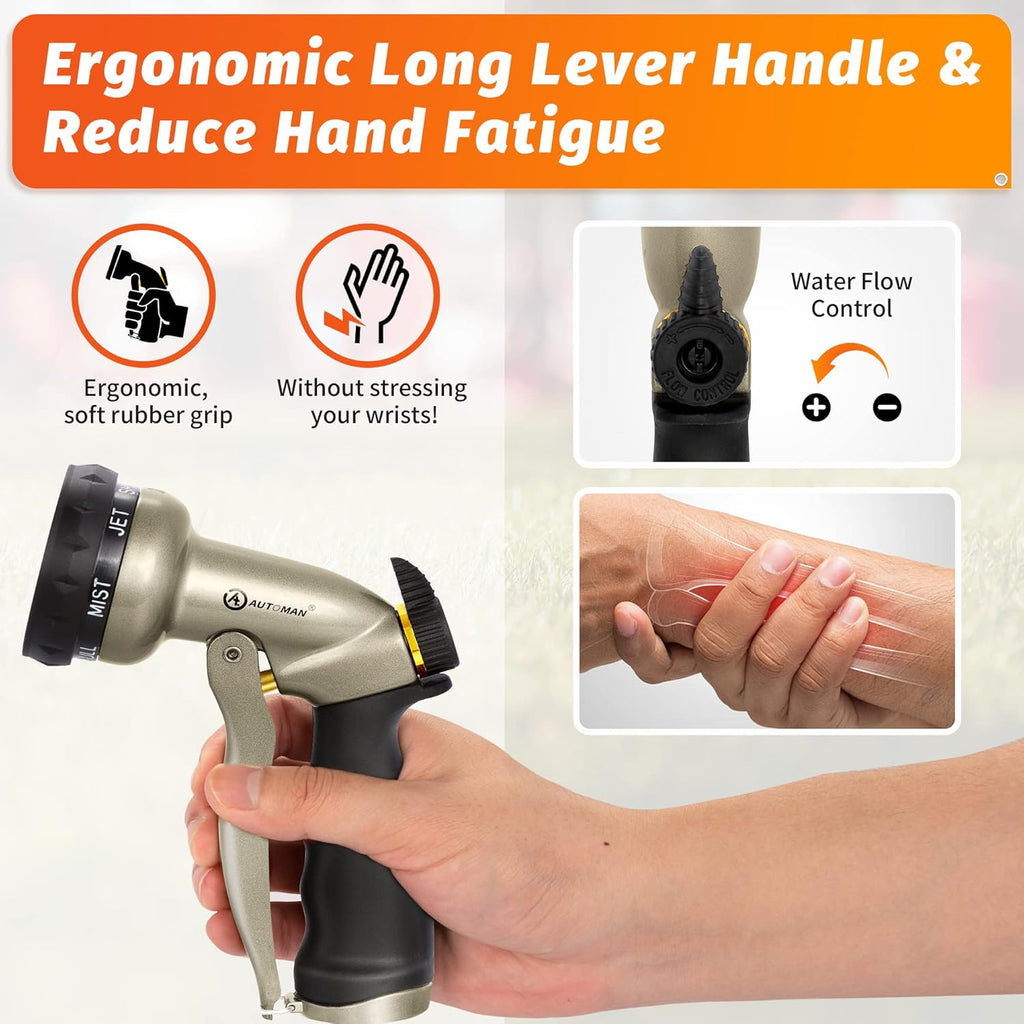 AUTOMAN Garden Hose Nozzle - 7 Patterns Sprayer, 100% Metal High Pressure Spray Nozzle, Labor-Saving Design, Heavy Duty Water Hose Nozzle for Garden Watering, Car Washing, Window Cleaning,Pets Bathing