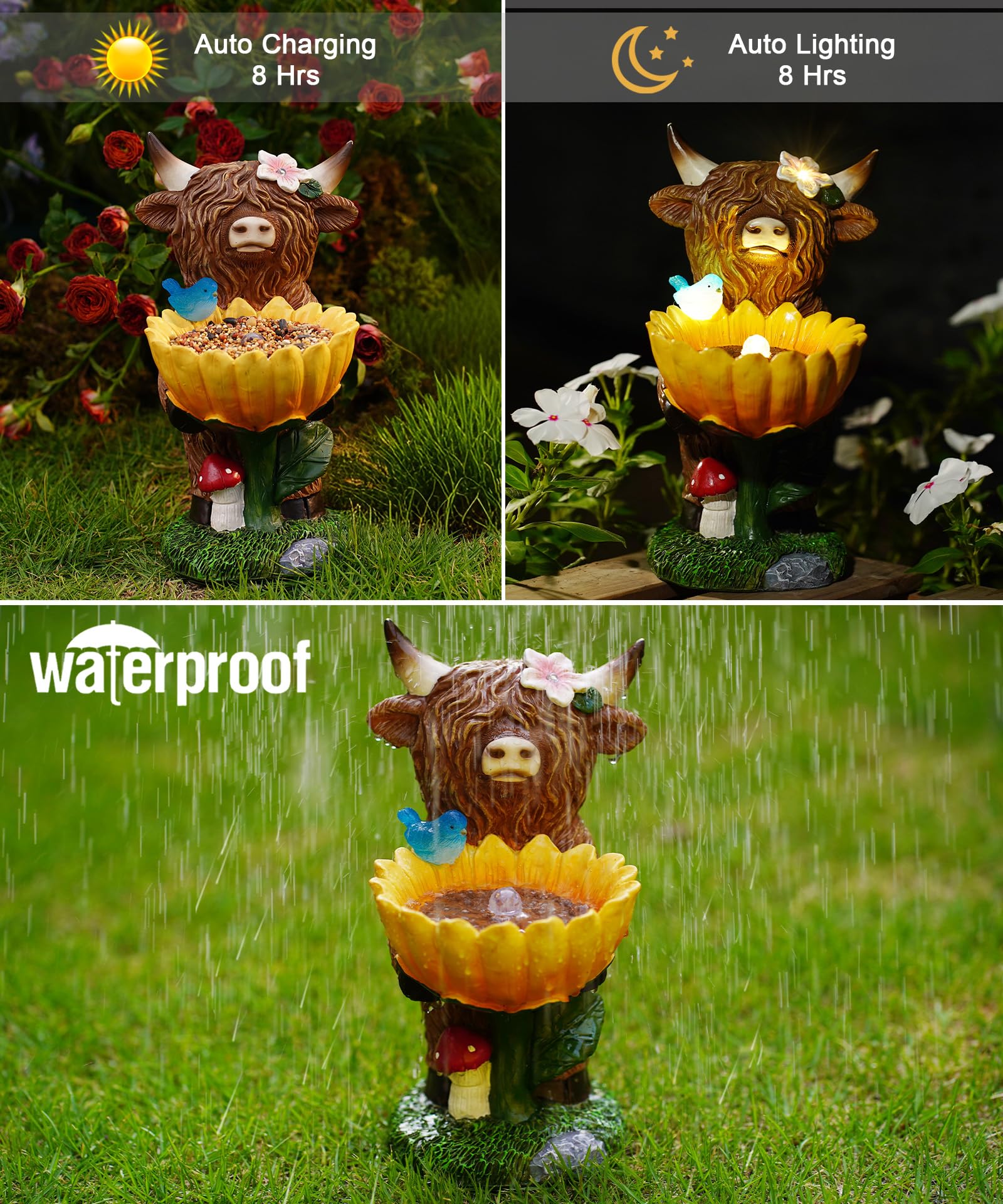 Nacome Solar Highland Cow Garden Decor Outdoor Statue Brown Realistic