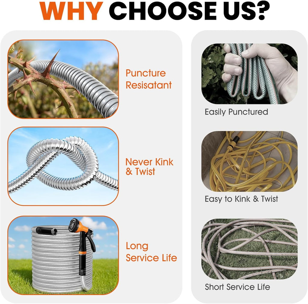 Garden Hose 50 FT, Flexible Metal Hose with 10 Function Nozzle, Kink Free, Lightweight, Durable, Crush Resistant Fitting, Easy to Coil, Puncture Proof Hose for Yard, Rv, 600 PSI 2025 New