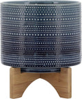 Sagebrook Home Textured Ceramic Planter with Wood Stand, Elevated Indoor/Outdoor Planter, Blue with Gray Dots, 8 L x 8 W x 10 H