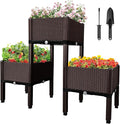 MAYOLIAH Raised Garden Bed with Drainage Elevated Planter Box Plastic Raised Beds for Gardening Vegetables Herb Flowers, Perfect for Indoor Outdoor Planting, 3 Boxes Brown