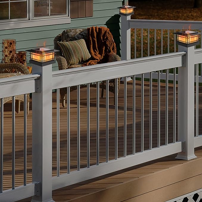 Dynaming 8 Pack Solar Flame Post Lights Outdoor, Solar Powered Fence Post Cap Lights, High Brightness Flickering Flame SMD LED Lighting Decor for Garden Deck Patio, 4x4, 5x5 or 6x6 Vinyl/Wooden Posts