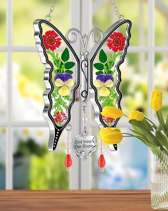 KY&BOSAM Butterfly Suncatcher God Bless Our Home Ornaments Stain Glass Sun Catchers for Windows Hanging Wind Chime Silver Charm Gifts for Home Mother`s Day Valentine's Birthday Thanksgiving Christmas