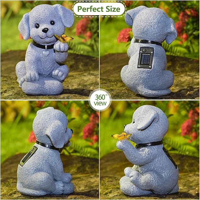 Solar Dog Statue Garden Decor with Butterfly Light – Waterproof Outdoor Yard Art for Patio, Lawn, Balcony for Mother’s Day, Father’s Day, Housewarming, Mom, Dad, Grandma, Men, Women