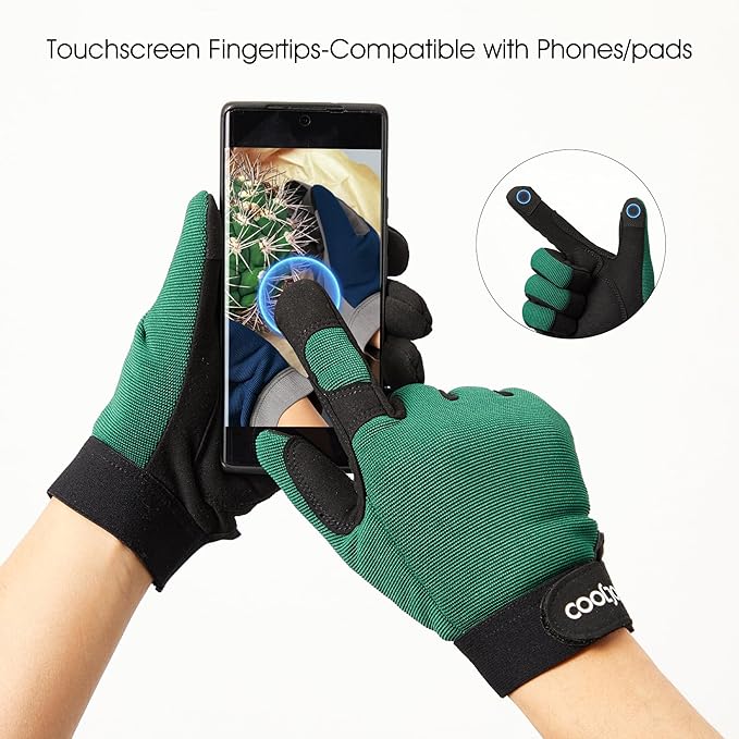COOLJOB Thorn Proof Garden Gloves with Touchscreen Fingers for Men, Rose Pruning Work Gloves with Palm Cushion for Gardener, Farmer and Landscaper (Green 1 Pair XL)