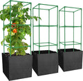 3 Packs 47 x 16 x 16 Inch Garden Tomato Cages with 17.7 Gallon Grow Bags- Square Plant Support Trellis Assembled with Planter Bags- Garden Cucumber Vegetables Frames for Vertical Climbing Plants