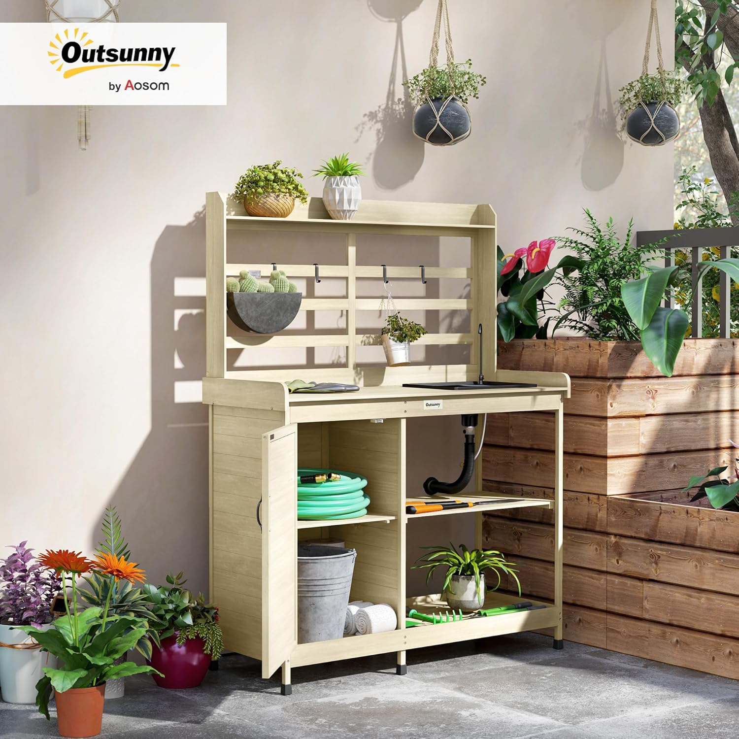 Outsunny Outdoor Wooden Potting Bench Table with Sink and Water Tap, Garden Workstation with Storage Cabinet, Storage Shelves for Backyard, Patio, Balcony, Natural