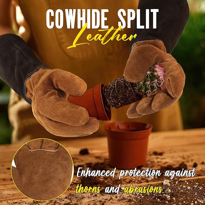 HANDLANDY Leather Gardening Gloves for Men & Women, Rose Pruning Thorn Proof Garden Glove, Long Sleeve Gauntlet Gloves (Black-brown, Large (Pack of 1))