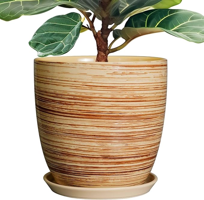 12 Inch Planter Pot Ceramic Plant Pots for Plants with Drainage Hole and Saucer Large Flower Pot for Home Patio Garden Office Yellow