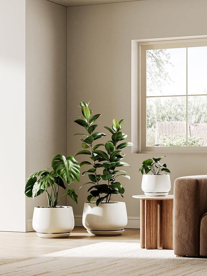 LE TAUCI Ceramic Planters, 12 Inch Pots for Plants, Indoor Plant Pots with Drainage Holes and Saucers, Modern Planters Fit Mid Century Plant Stand, Flower Pots for Indoor Plants, White
