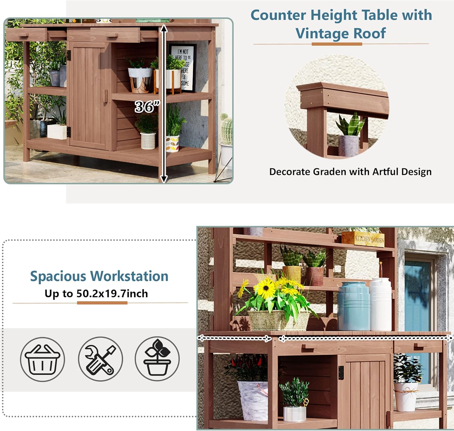 Merax 66" Large Outdoor Farmhouse Wooden Potting Bench Table, Garden Workstation with 2 Drawers, Cabinet, and Open Shelves for Backyard, Mudroom, Brown