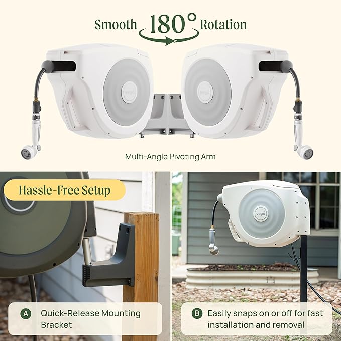 Vego Garden Hose Reel Retractable Hi-Flow x 100ft Wall Mounted Hose Reel Automatic Rewind, Any Length Lock with 9 Patterns Sprayer Nozzle, Quick Connector and Adjustable shot Nozzle-Tidepool Blue