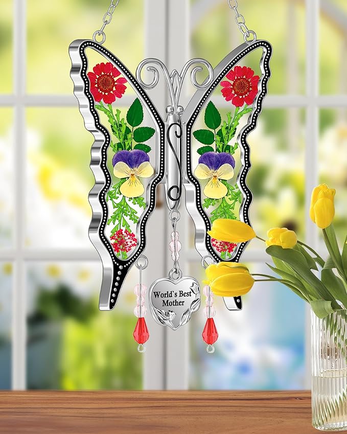 KY&BOSAM Butterfly Suncatcher World`s Best Mother Gifts Stain Glass Suncatchers for Windows Hanging Wind Chimes Home Ornament Gifts for Mom Mother`s Day Valentine's Birthday Christmas Thanksgiving
