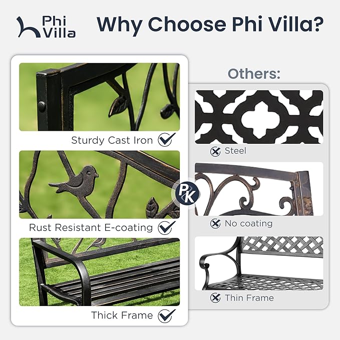 PHI VILLA Outdoor Garden Park Bench Patio 50" Metal Bench, Steel Frame Bench with Backrest and Armrests for Porch, Lawn, Balcony, Backyard and Indoor, Bronze