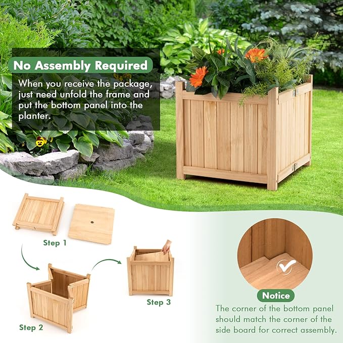 S AFSTAR Outdoor Wooden Planter Box, Folding Raised Garden Bed W/Drainage Hole, Patio Square Plant Container for Flowers, Vegetables, Fruits, Herbs, Collapsible Planting Box for Yard, 15" x 15" x 14"