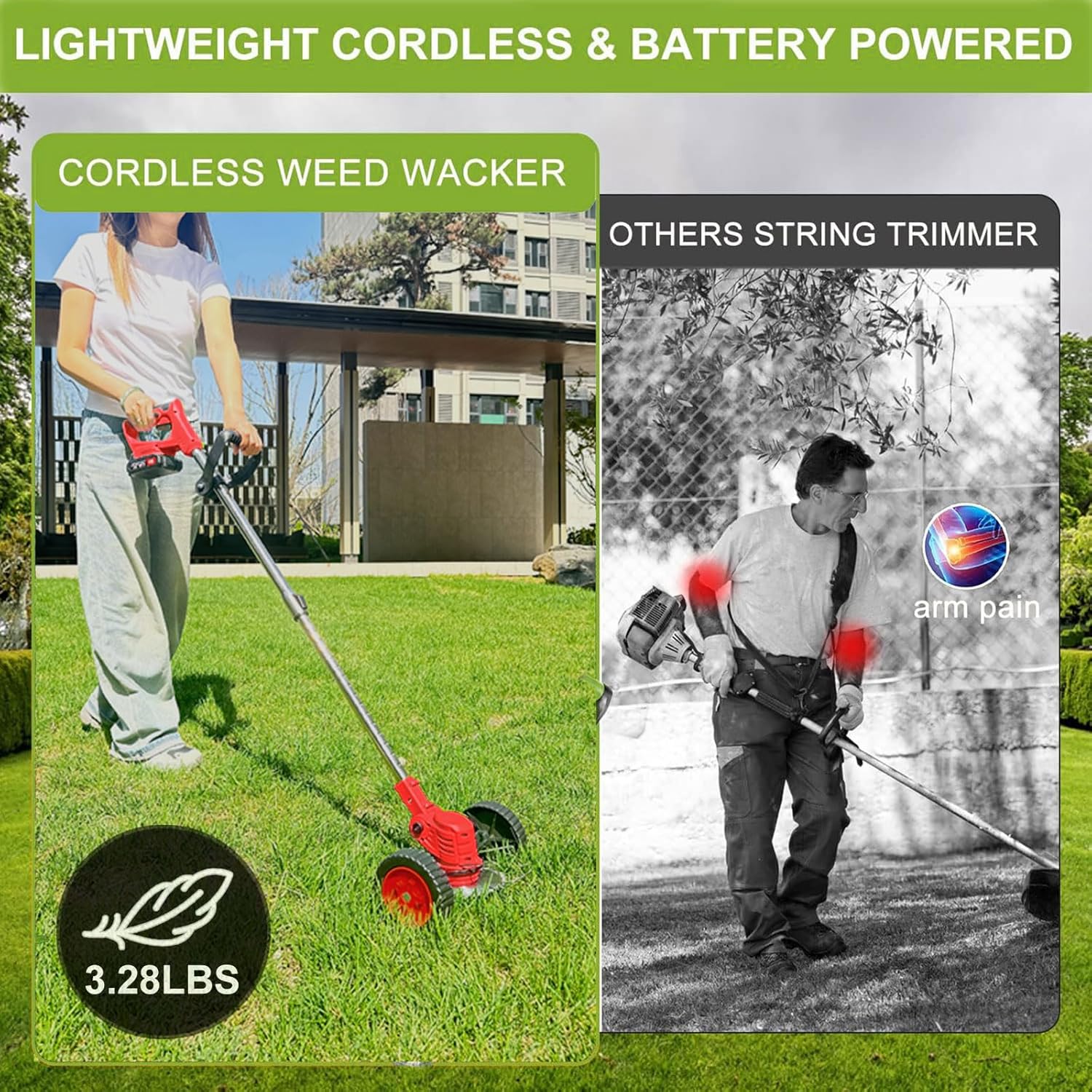 Cordless Weed Wacker Eater Battery Powered, 21V Electric Weed Trimmer with 2 Battery Operated & Charger & Wheels & Shears, 3 in 1 Lightweight No-String Grass Trimmer/Brush Cutter/Lawn Edger for Garden