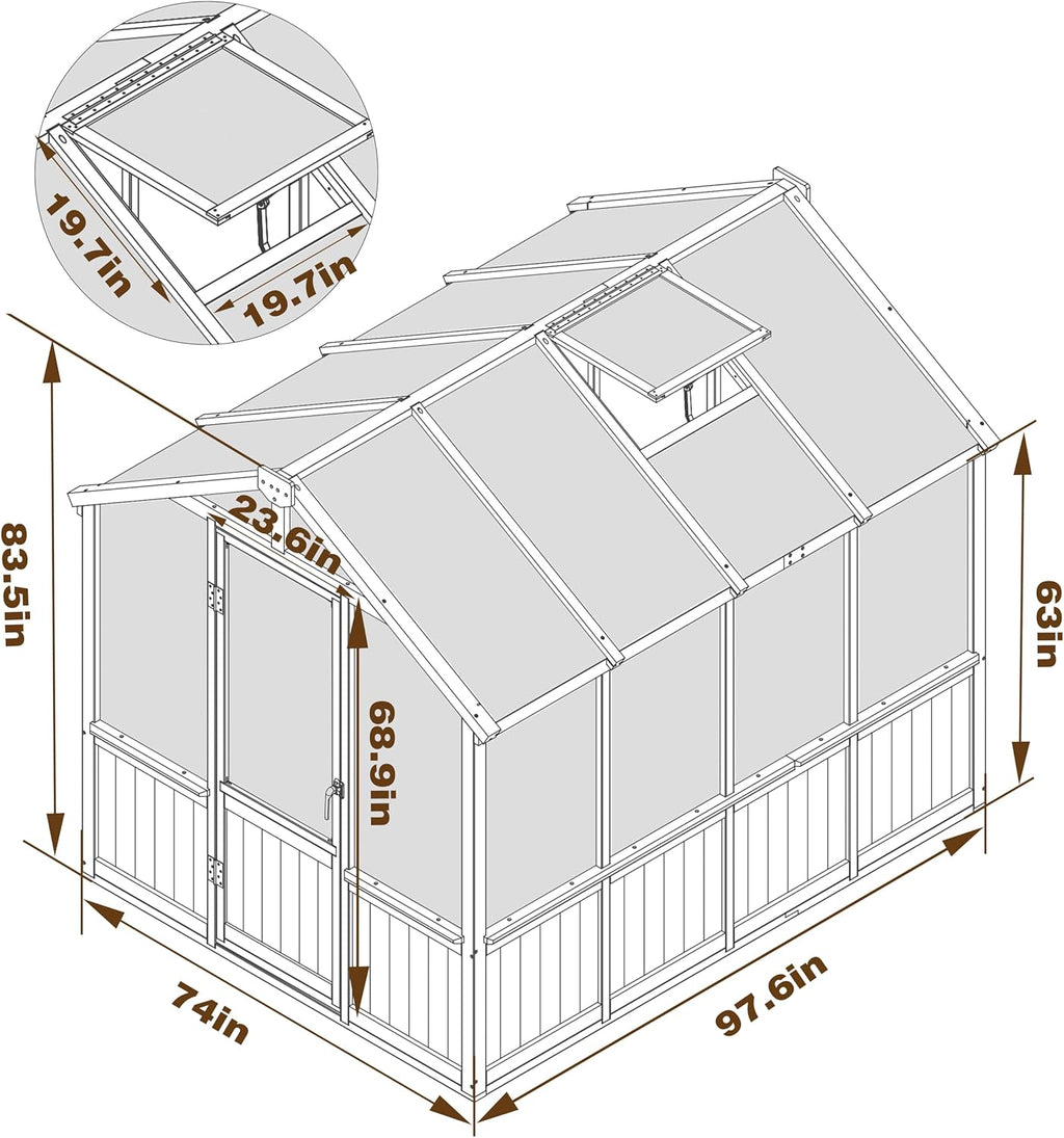 Mupater 6 x 8 FT Wooden Polycarbonate Greenhouse with Ventilated Window and Lockable Door, 6mm PC Panels for UV Protection, Walk-in Greenhouse Kit for Outdoor, Garden and Backyard, Brown