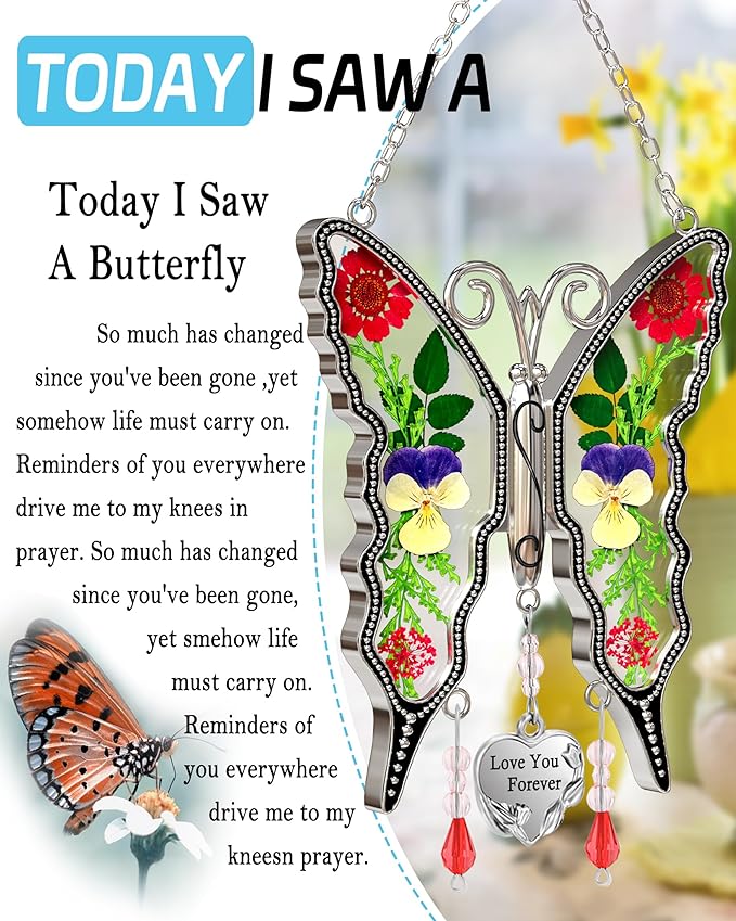 KY&BOSAM Butterfly Suncatcher Stain Glass Love You Forever Butterfly Sun Catcher for Windows Hanging Wind Chime Gifts for Women Grandma Mom Mother`s Day Valentine's Birthday Christmas Thanksgiving
