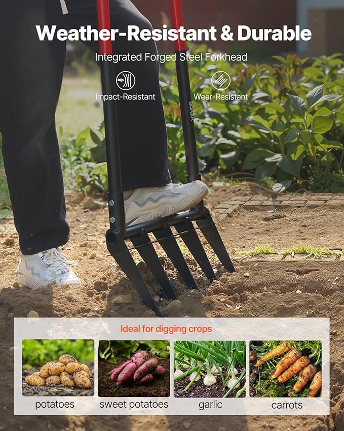 VEVOR Broad Fork, 5-Tine Pitchfork with Dual Fiberglass Handles, Heavy Duty Garden Fork, Ergonomic U-Shaped Design Broadfork Hand Tiller, Gardening Tool for Composting Transplanting Aeration