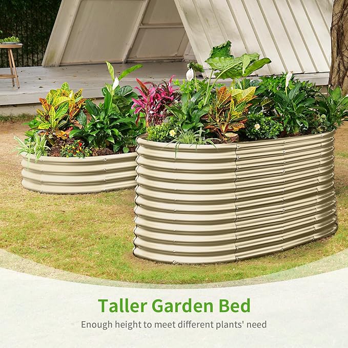 Land Guard 8x4x3ft Oval Galvanized Raised Garden Beds, Large-Capacity Metal Planter Box Outdoor, Durable Deep Raised Garden Bed 3ft Tall, Raised Beds for Gardening Vegetables, Cream Yellow