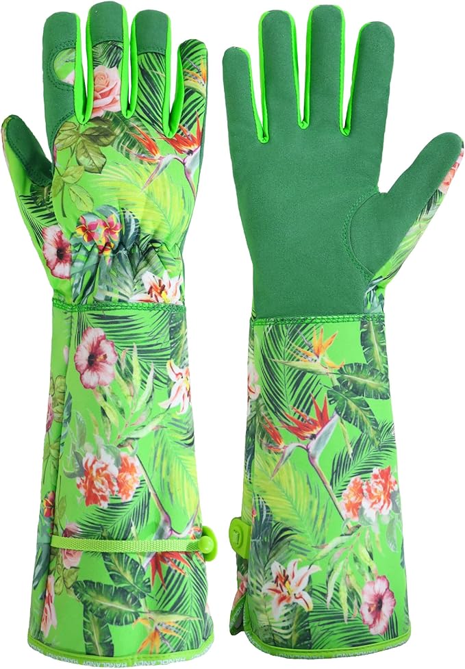 HANDLANDY Women Gardening Gloves, Thorn Proof Breathable Ladies Rose Pruning Long Gauntlet Floral Print Garden Yard Gloves, Gift for Gardeners (Green, L)