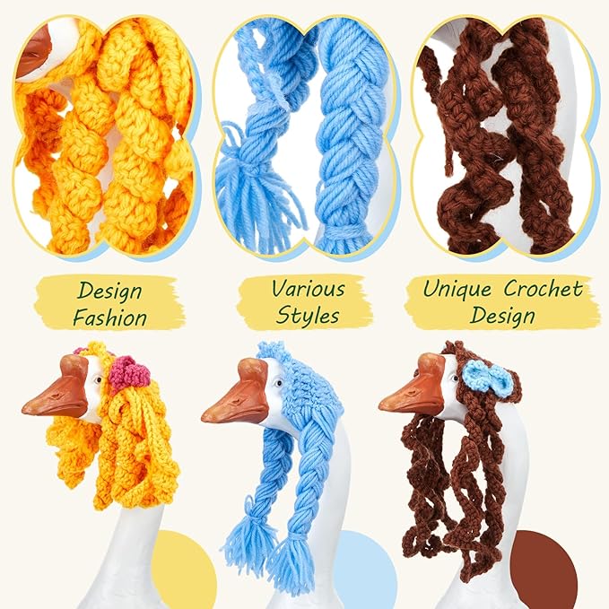 3 Pcs Porch Goose Outfit, Cute Porch Goosey Braid Wig, Crochet Hook Portico Goose Wig for Lawn Goosey Garden