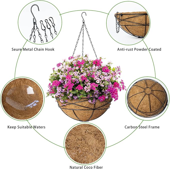 4 Pack 14 Inch Hanging Flower Baskets for Outdoor Plants Large Metal Wire Planters with Coco Liner Pot for Home Planting Black Watering Plant Holders for Outside Garden