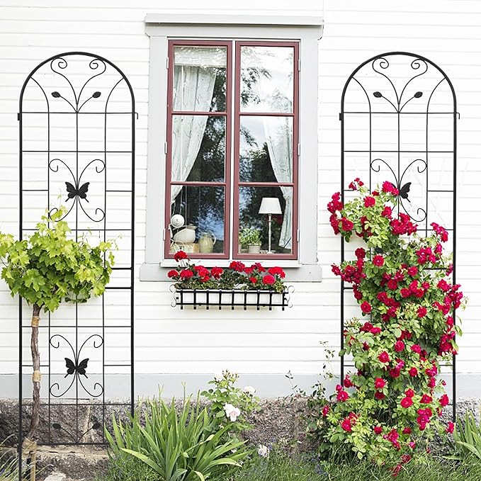 2 Pack Metal Garden Trellis 86.7" Black Fence Rustproof Garden Trellis for Climbing Plants Support Roses Flower Outdoor Lawn, Black
