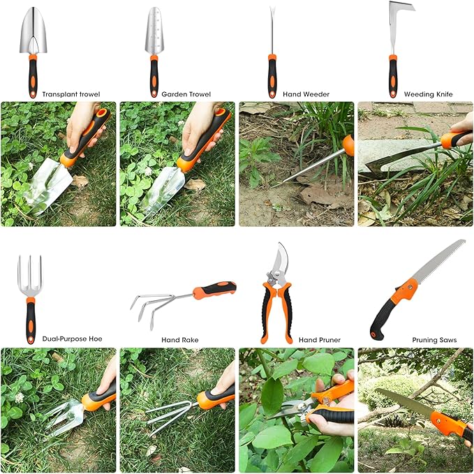 Gartden Tools, 10 Pcs Stainless Steel Garden Tools for Gardening with Non-Slip Ergonomic Handle, Garden Hand Tools with Tote Bag for Women, Men, Gift