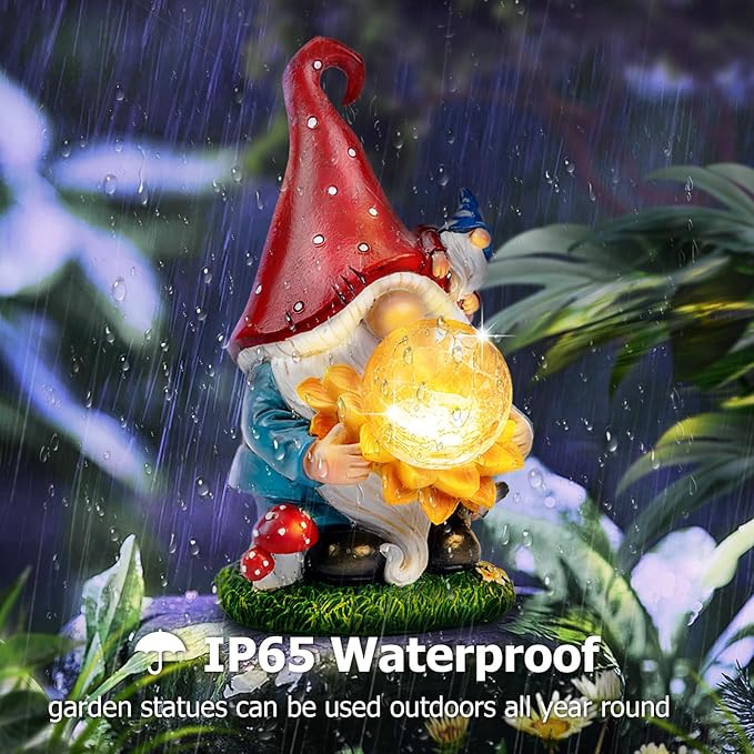 Solar Garden Decor Gnome Statues with Sunflower and Crackle Glass Globe Lights Gnome Outdoor Decorations for Garden Yard Patio Lawn, Unique Housewarming Gifts