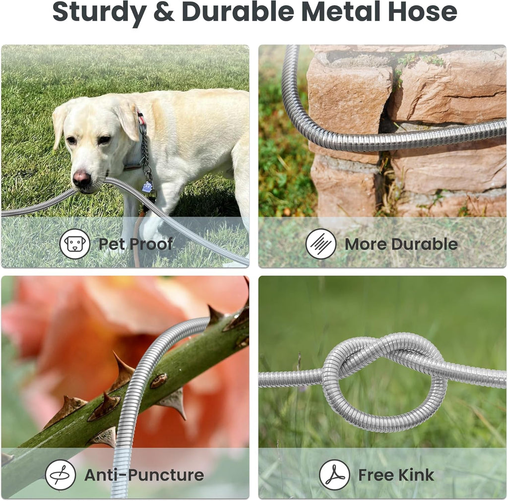 Girafe Tools Garden Hose 100ft x 5/8", 304 Stainless Steel Metal Water Hose, No Kink Garden Water Hose with 9 Pattern Spray Nozzle, Flexible, Lightweight, Kink Free Hose for Yard, Outdoor