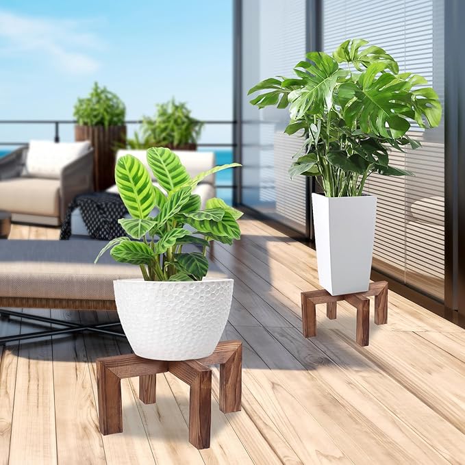 Plant Stand, Indoor/Outdoor Wood Plant Holder, Single Flower Pot Stand, Sturdy Planter Stand (Walnut, Fit 5-9 Inch Pots)