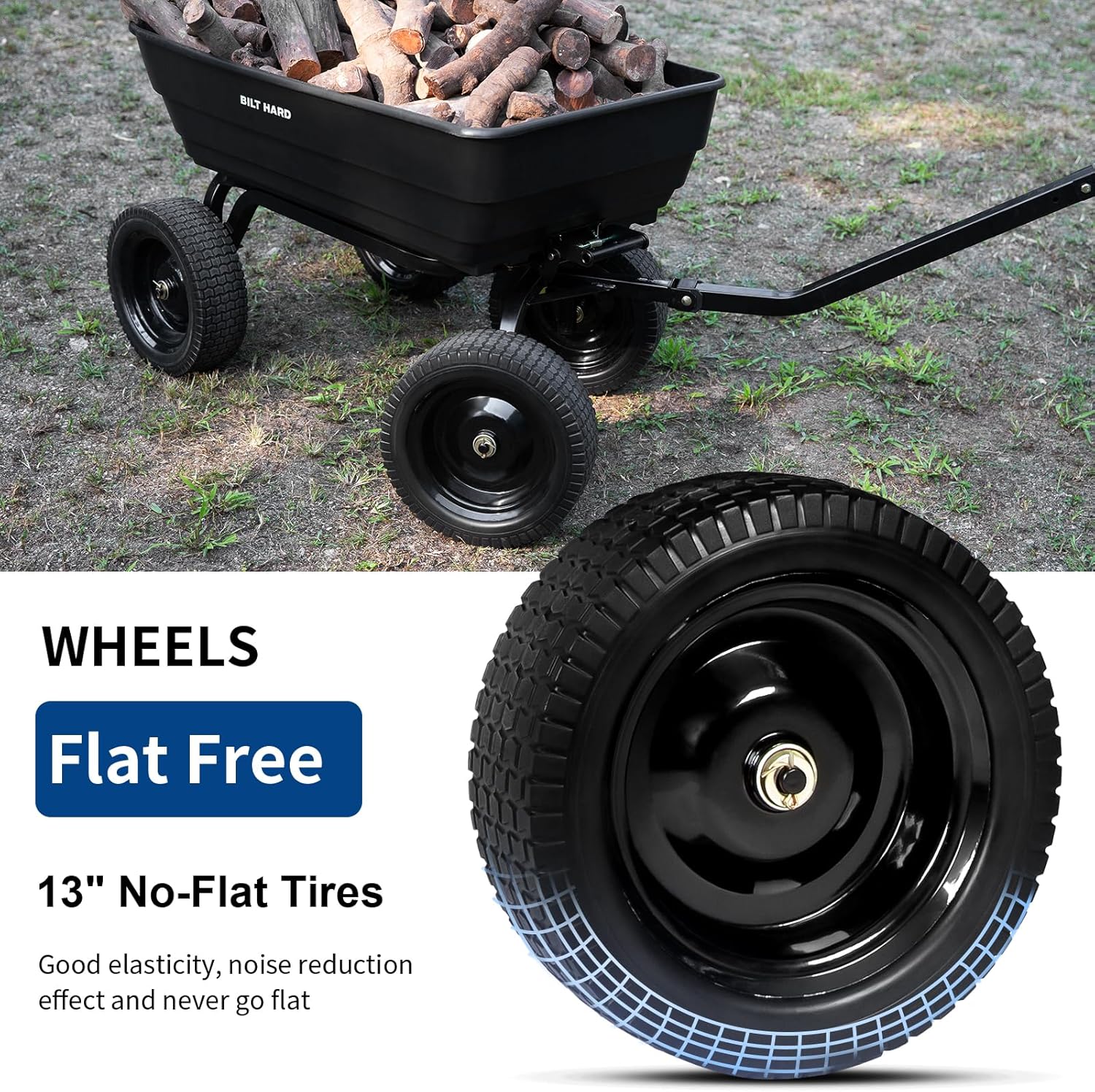 BILT HARD 1200 lbs Poly Garden Dump Cart with No Flat Tires, Quick Release, 2-in-1 Convertible Handle, 7 Cu Ft Dump Wagon Heavy Duty for Yard, Outdoor