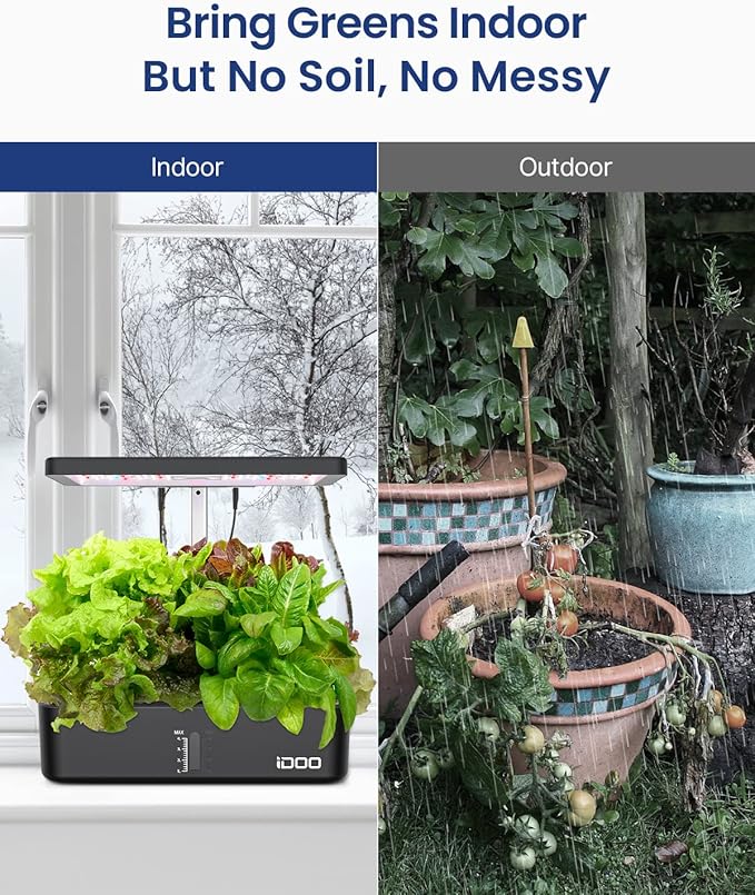 iDOO Hydroponics Growing System Kit 12Pods, Gardening Gifts for Women Mom, Indoor Herb Garden with LED Grow Light, Built-in Fan, Auto-Timer, Adjustable Height Up to 11.3", 12Pods-Black