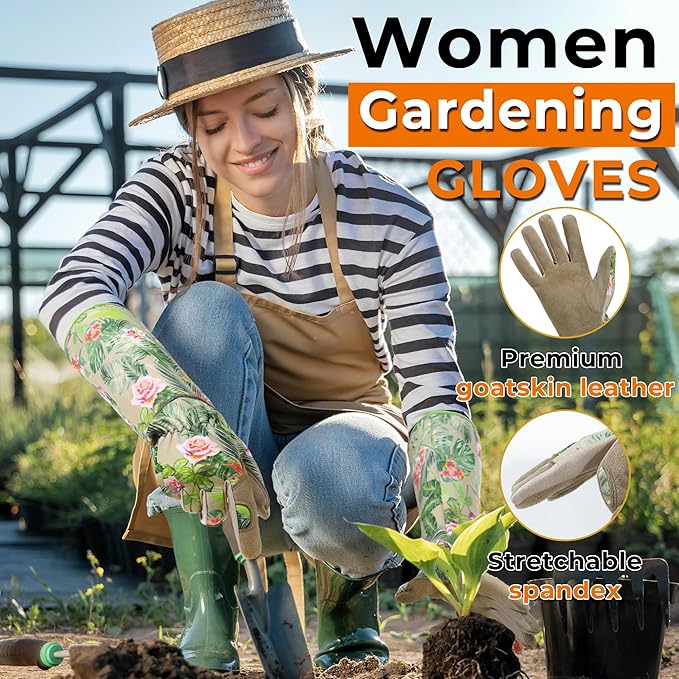 HANDLANDY Leather Gardening Gloves for Women, Thorn Proof Breathable Ladies Rose Pruning Garden Gauntlet Yard Gloves, Gift for Gardeners (Khaki, M)