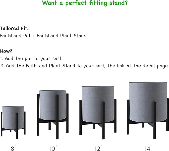 FaithLand Plant Pot 8 inch - Perfectly Fits Mid-Century Modern Plant Stand - Drainage Plug and Drainage Mesh Screen - Gray Planter Pot