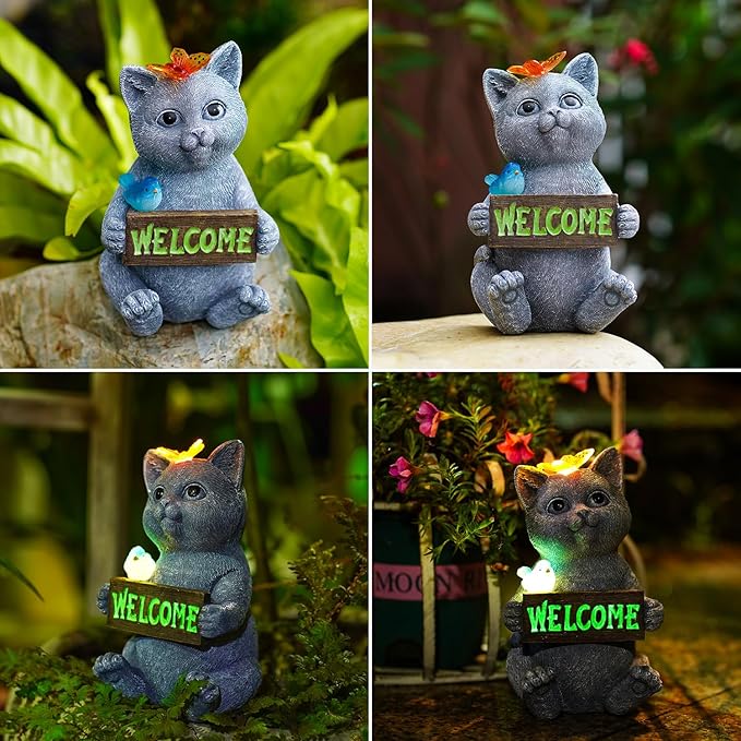 Goodeco Solar Cat with Welcome Sign - Outdoor Cat Statue with Solar Butterfly & Bird Lights - Perfect Cat Decor for Cat Lovers, Ideal Housewarming Gifts for Women & Moms (Gray)