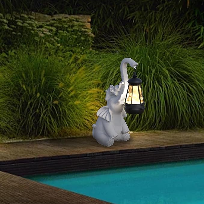 Statue Decoration, Figurine, Lawn Statue, Sculpture Ornament, Animal Figurine - Elephant Resin Statue with Lantern (Hand-JD Trunk-JD)