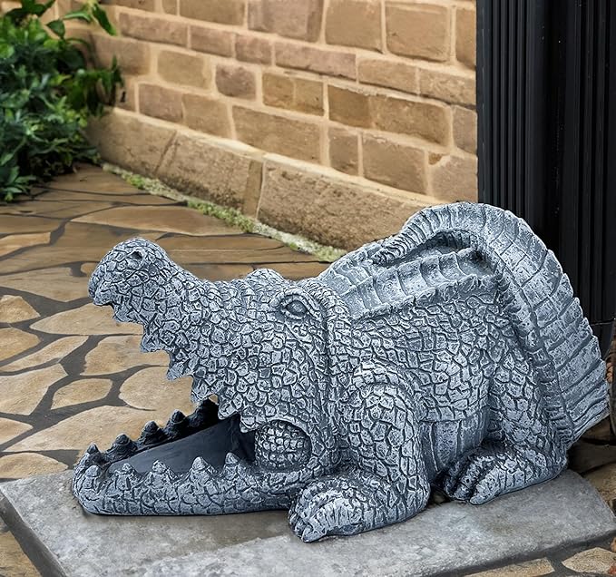 Realistic Crocodile Statue, Garden Rain Downspout Diverter, Splash Block & Gutter Extender, Decorative 3"x4" Gutter Extension, Outdoor Decor Sculpture, Unique Gutter Downspout Decoration