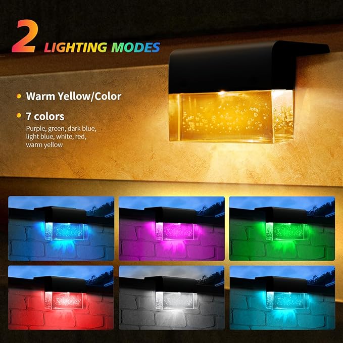 6 Pack Solar Fence Lights, 2 Lighting Modes Step Lights Outdoor, Acrylic Bubbles LED Super Bright Waterproof Solar Deck Light for Outside Stair Fence Step Pool Backyard Decor (Warm White/7 Color)