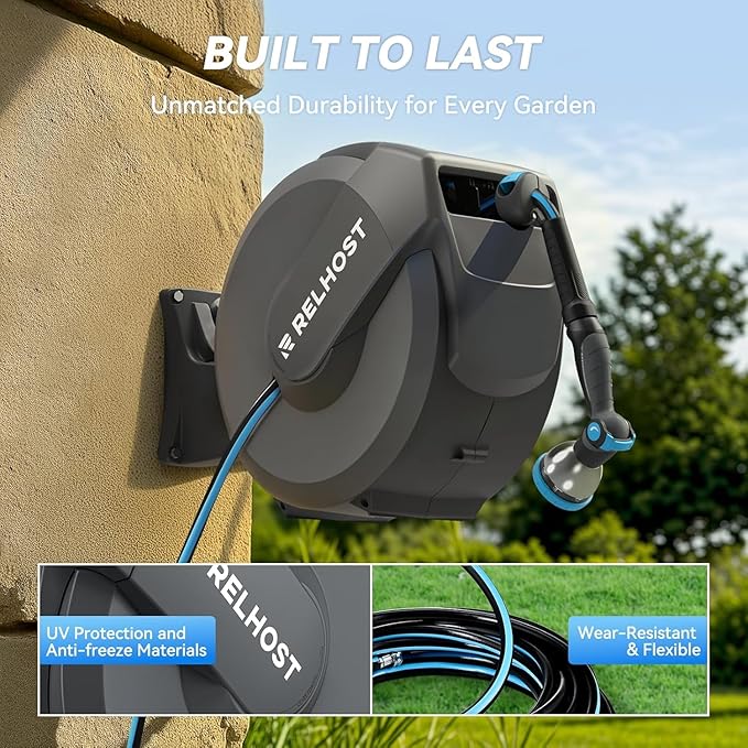 Retractable Garden Hose Reel 100 ft x 5/8 in, Heavy Duty Hose Reel Wall Mount with Any Length Lock, Auto Rewind System, 180° Swivel Bracket, 10-Pattern Garden Hose Nozzle, Dark Grey
