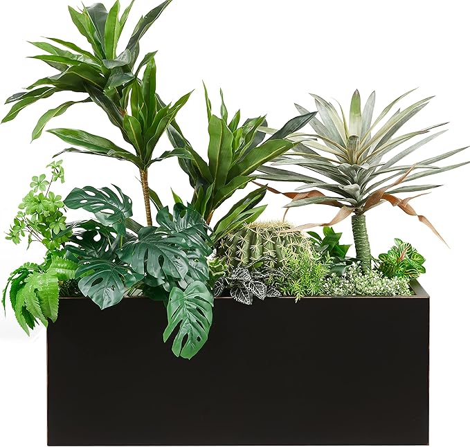Metallic Heavy Long and Large Outdoor/Indoor Planter, Rectangular Trough Planter Box, 38”Lx15”Wx15”H, 40Pounds, Black with Hand Brushed Gold Edge, No Assemble and Seamless