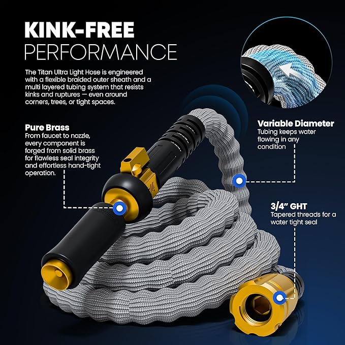 TITAN Flexible Garden Hose 7FT – Ultra Lightweight, Heavy Duty Water Hose with Brass Fittings & Jet Nozzle – Kink-Free, Non-Expanding, Durable Fabric Hose for Yard, Lawn, Car Wash, Outdoor Use