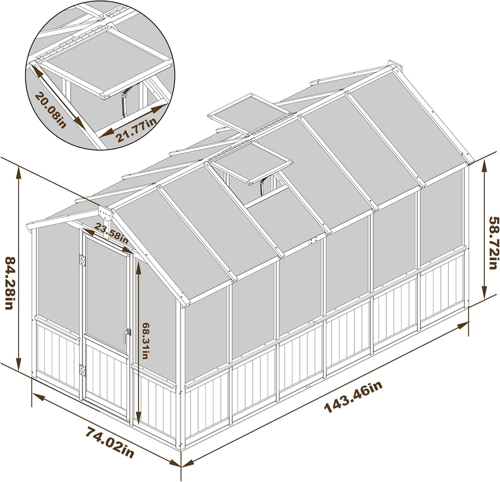 MUPATER 6' x 12' Walk-in Wooden Polycarbonate Greenhouse with Ventilated Window & Lockable Door, Multi-Layer PC Panels for UV Protection, Greenhouse Kit for Outdoor, Garden and Backyard, Black