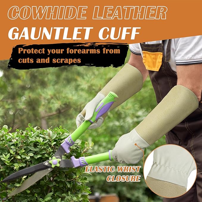 HANDLANDY Pruning Gloves Long for Men & Women, Pigskin Leather Rose Gardening Gloves- Breathable & Durability Gauntlet Glove Medium
