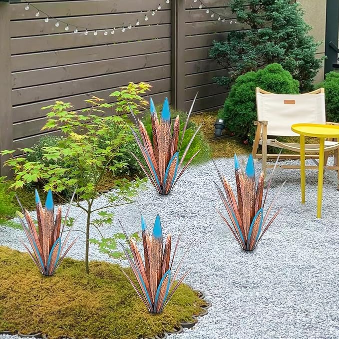 Jesokiibo Tequila Rustic Sculpture DIY Metal Agave Plant Home Decor Rustic Hand Painted Metal Agave Garden Ornaments Outdoor Decor Figurines Home Yard Decorations Stakes Lawn Ornaments (Blue 4PCS)