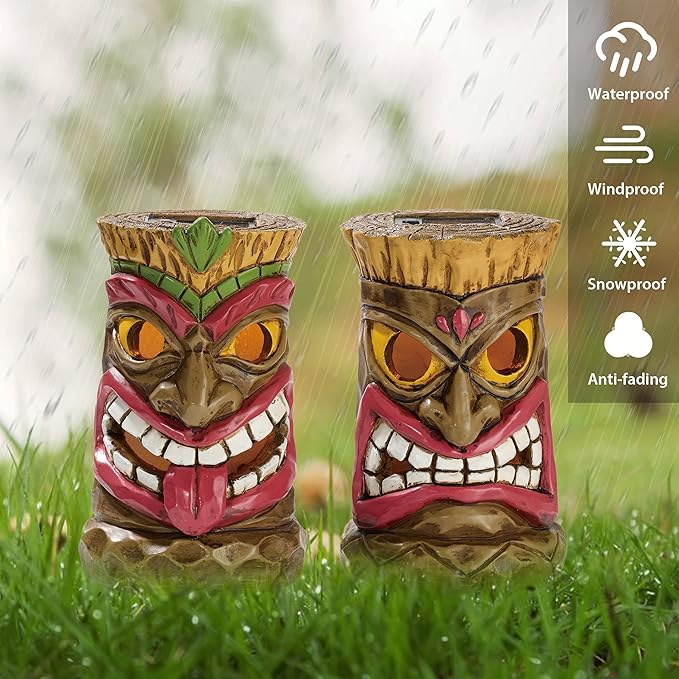 TERESA'S COLLECTIONS Tiki Head Garden Decor with Solar Outdoor Light, Set of 2 Tropical Hawaiian Tiki Torch Resin Christmas Decorations Garden Sculptures & Statues Yard Decor Thanksgiving Gifts 6"
