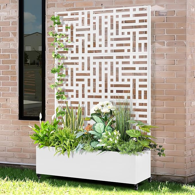 Raised Garden Bed with Trellis and Wheels,73"x47"x16" Metal Raised Garden Bed,White Modern Metal Planter with Climbing Trellis for Vines & Vegetables